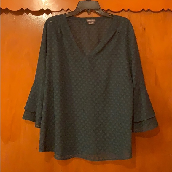 See-through teal green three quarter sleeve top. - Picture 1 of 5